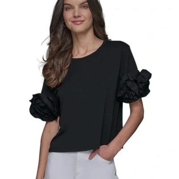 Karl Lagerfeld Tops - Karl Lagerfeld Black Short Sleeve Ruffle Roses T Shirt Top size small